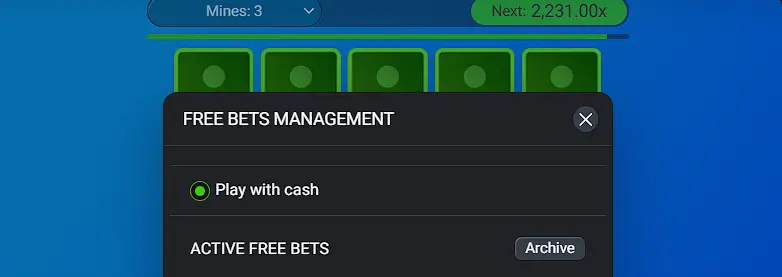 Play Mines game with free bets management